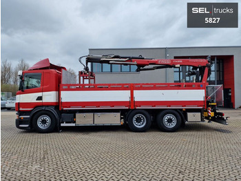 Crane truck, Dropside/ Flatbed truck Scania G320 / Rückfahrkamera  / Fassi / Lenkachse: picture 1