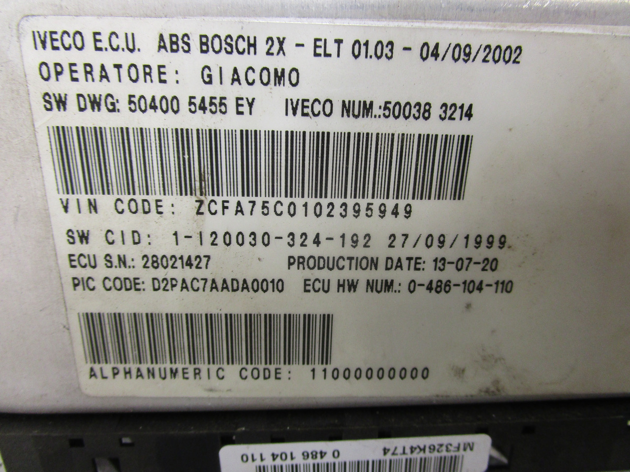IVECO TECTOR ABS BOSCH ECU P/NO 500383214 - Brake parts for Truck: picture 2 IVECO TECTOR ABS BOSCH ECU P/NO 500383214 - Brake parts for Truck: picture 2