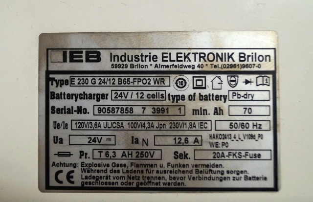 IEB 90587858 | IEB charger EFG 230 G 24/12 B65-FP02 WR 24V12,6A 220V 50/60Hz fro - Battery for Material handling equipment: picture 2 IEB 90587858 | IEB charger EFG 230 G 24/12 B65-FP02 WR 24V12,6A 220V 50/60Hz fro - Battery for Material handling equipment: picture 2