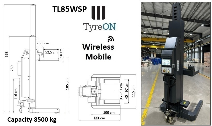 TL85WSP-4 34T wireless - 4 x 8,5 T - battery 24V DC / 3 kW per column - Long lifting forks for wide tires - Workshop equipment: picture 1 TL85WSP-4 34T wireless - 4 x 8,5 T - battery 24V DC / 3 kW per column - Long lifting forks for wide tires - Workshop equipment: picture 1