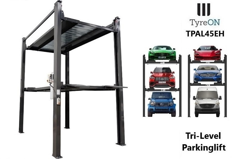 TPAL45EH 4 post car stacker lift - Three level parking lift 3 cars on each- Electrically unlocked - Close fitting platforms - 15 cm ramp height - Autostacker 2500kg + 2000kg - Workshop equipment: picture 1 TPAL45EH 4 post car stacker lift - Three level parking lift 3 cars on each- Electrically unlocked - Close fitting platforms - 15 cm ramp height - Autostacker 2500kg + 2000kg - Workshop equipment: picture 1