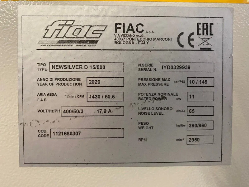 Fiac NewSilver D 15 / 500 NewSilver D 15 / 500 - 1430 L / min 11 kW 10 bar Elektrische Schroefcompressor + Droger - Air compressor: picture 4 Fiac NewSilver D 15 / 500 NewSilver D 15 / 500 - 1430 L / min 11 kW 10 bar Elektrische Schroefcompressor + Droger - Air compressor: picture 4