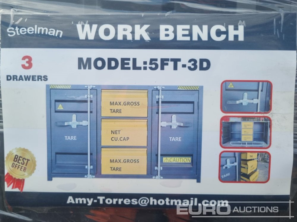 Unused 2024 Steelman 5’ Work Bench With 3 Drawers & 2 Cabinets Packed In Plastics. Drawers With Lock & Anti-Slip Inners. Using New 3 Rail Sliding - Workshop equipment: picture 2 Unused 2024 Steelman 5’ Work Bench With 3 Drawers & 2 Cabinets Packed In Plastics. Drawers With Lock & Anti-Slip Inners. Using New 3 Rail Sliding - Workshop equipment: picture 2