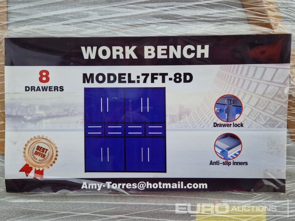 Unused 2024 Steelman 7’ Work Bench With 8 Drawers & 2 Cabinets. Packed In Plastics. Drawers With Lock & Anti-Slip Inners. Using New 3 Rail Sliding - Workshop equipment: picture 2 Unused 2024 Steelman 7’ Work Bench With 8 Drawers & 2 Cabinets. Packed In Plastics. Drawers With Lock & Anti-Slip Inners. Using New 3 Rail Sliding - Workshop equipment: picture 2
